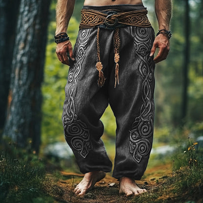 Tribal Viking Celtic Embroidery Art Linen Long Loose Wide-leg Pants