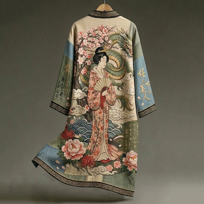 Retro Elegant Japanese Geisha And Dragon Art Linen-blend Long Kimono