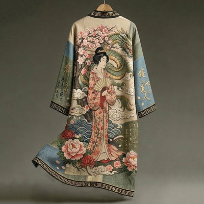 Retro Elegant Japanese Geisha And Dragon Art Linen-blend Long Kimono