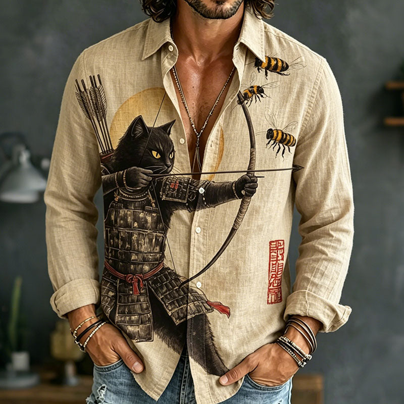 Men's Black Cat Tribal Warrior Japanese Kyudo Print Long Sleeve Shirt