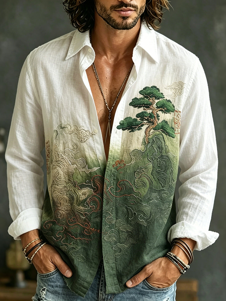 Men's Retro Landscape Embroidery Casual Shirt