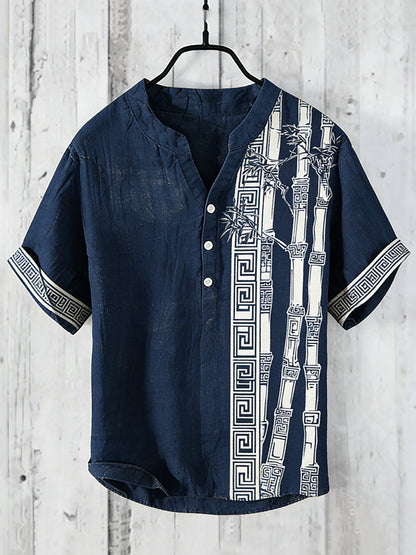 Men's Retro Bamboo Art Pattern Casual Linen Short-sleeve Shirt