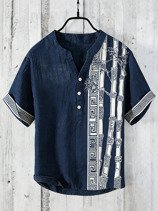 Men's Retro Bamboo Art Pattern Casual Linen Short-sleeve Shirt