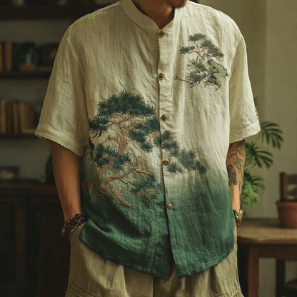 Men's Retro Pine Trees Art Print Button Casaul Shirt