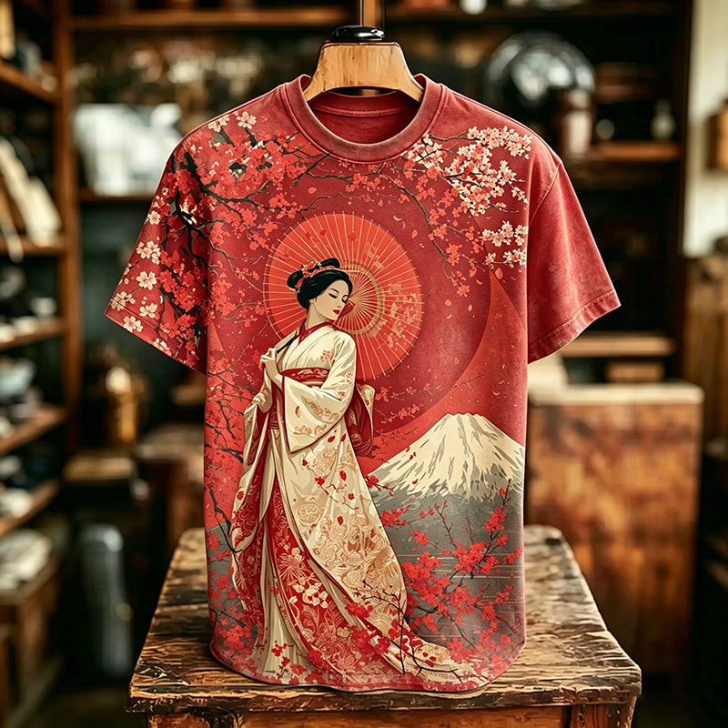 Men's Retro Japanese Geisha Cherry Blossom And Mount Fuji Pattern Crew Neck T-shirt