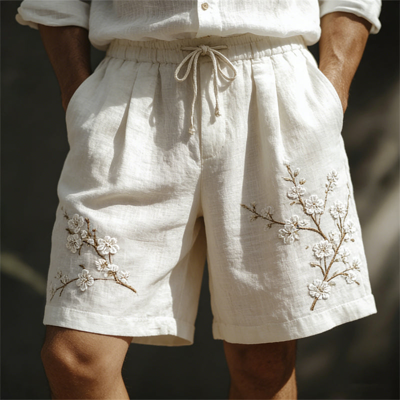 Men's Classy White Almond Blossom Embroidered Linen Shorts