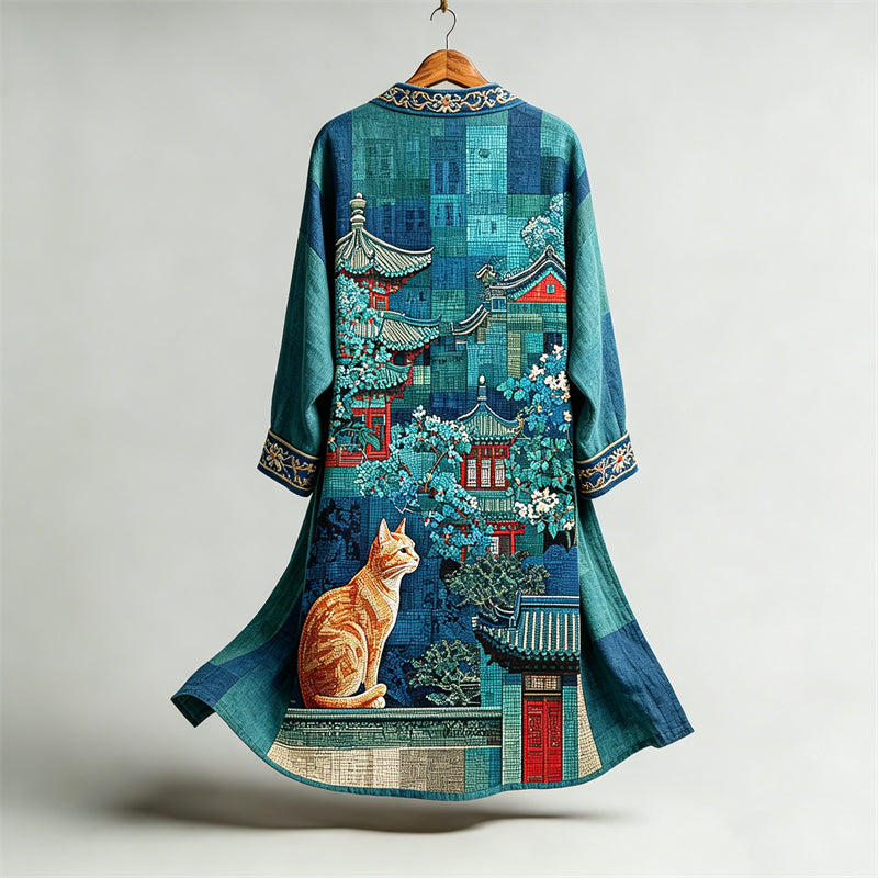 Cat & Japanese Traditional Scene Colorblock Linen Long Kimono