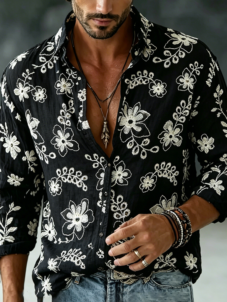 Men's Vintage Floral Embroidered Art Print Flowy Linen Blend Shirt