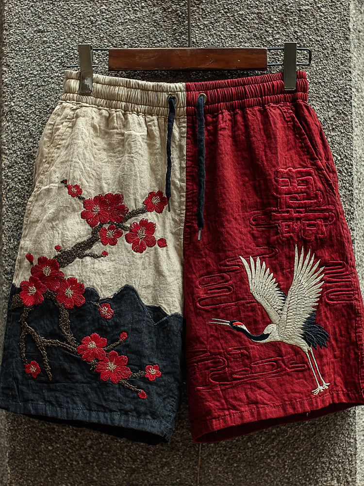 Men's Japanese Retro Style Cranes And Plum Blossoms Art Design Linen Shorts