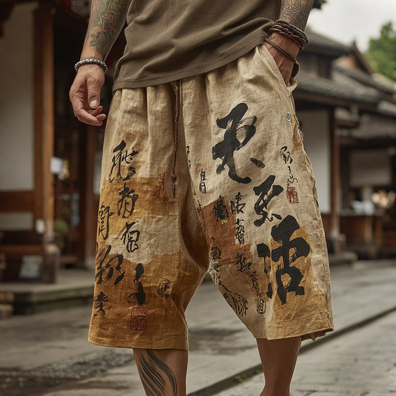 Men's Vintage Japanese Art Linen Casual Shorts