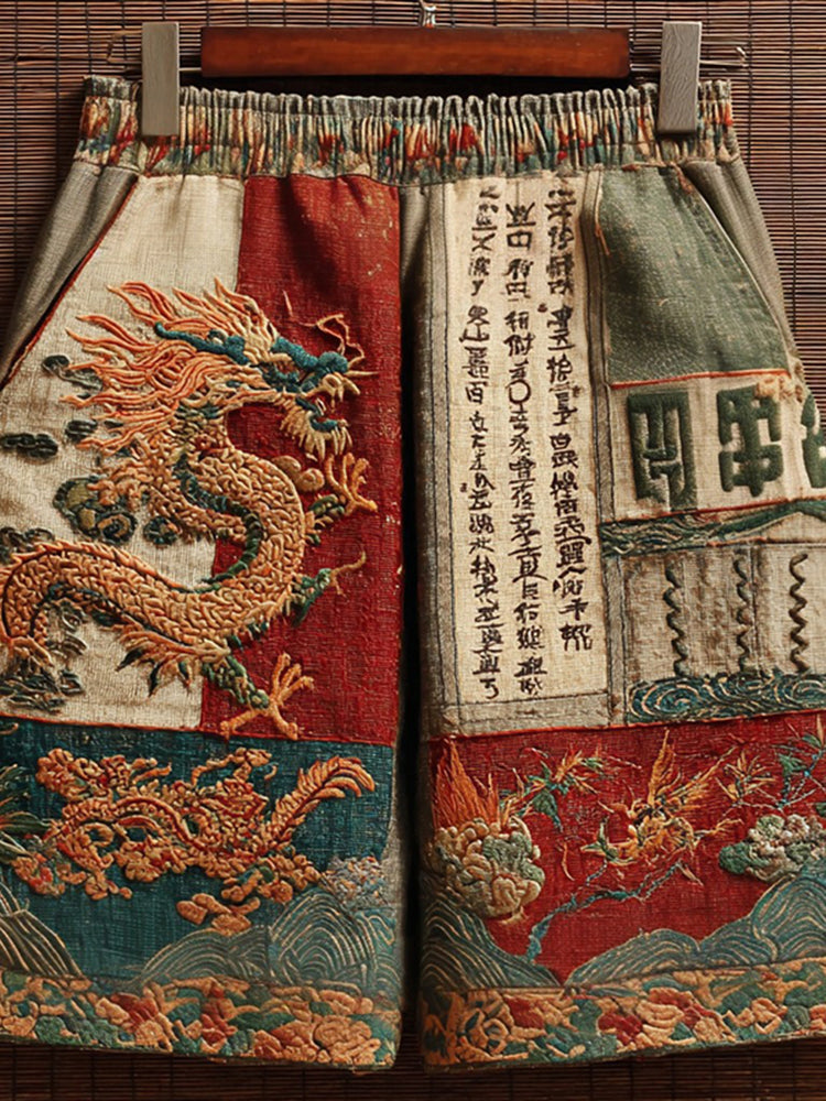 Vintage Japanese Dragon & Calligraphy Art Pattern Casual Blend Shorts