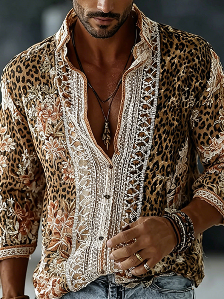 Men's Retro Floral In Leopard Art Print Flowy Linen Blend Shirt