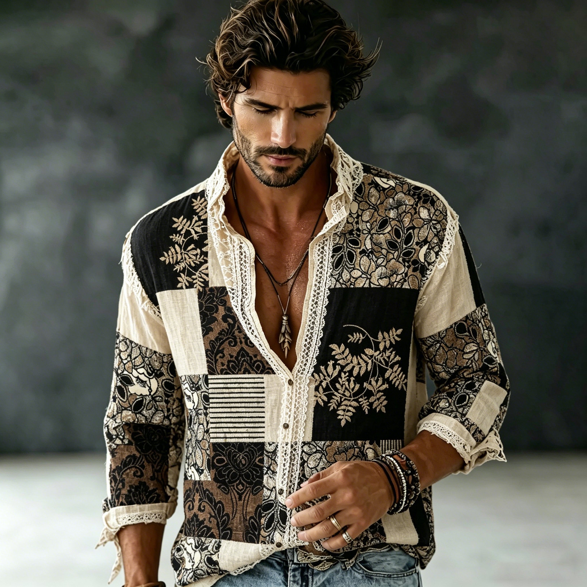 Men's Retro Floral Patchwork Art Print Flowy Linen Blend Shirt