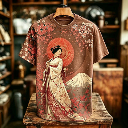 Men's Retro Japanese Geisha Cherry Blossom And Mount Fuji Pattern Crew Neck T-shirt