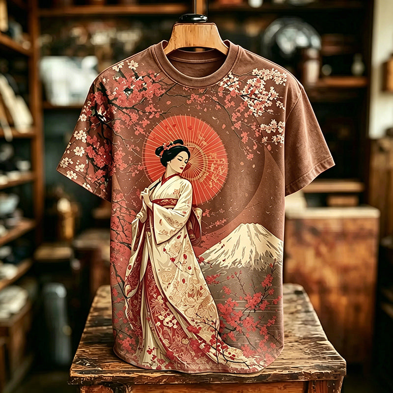 Men's Retro Japanese Geisha Cherry Blossom And Mount Fuji Pattern Crew Neck T-shirt