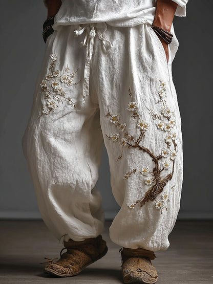 Men's Japanese Art Plum Blossom Print Casual Pocket Pants