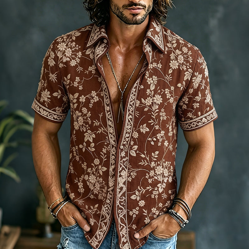 Vintage Japanese Embroidery Printed Art Pattern Button Shirt
