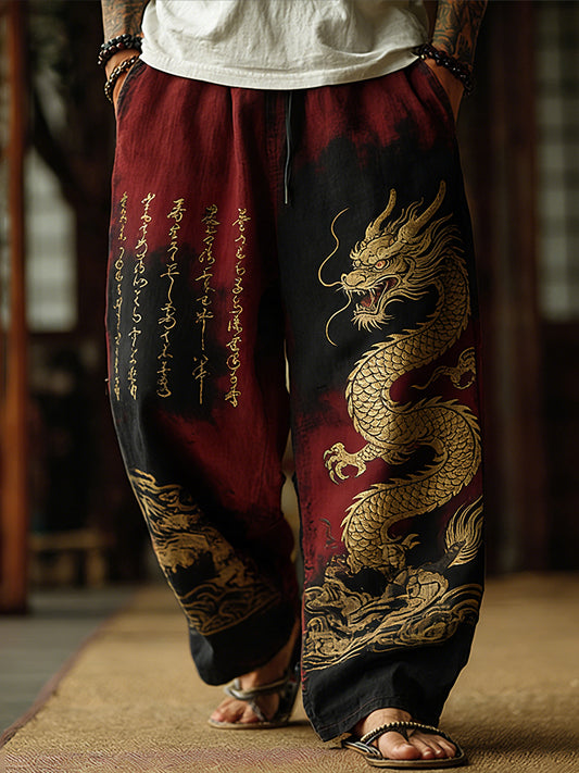 Japanese Retro Dragon Pattern And Calligraphy Art Tie-dye Pants