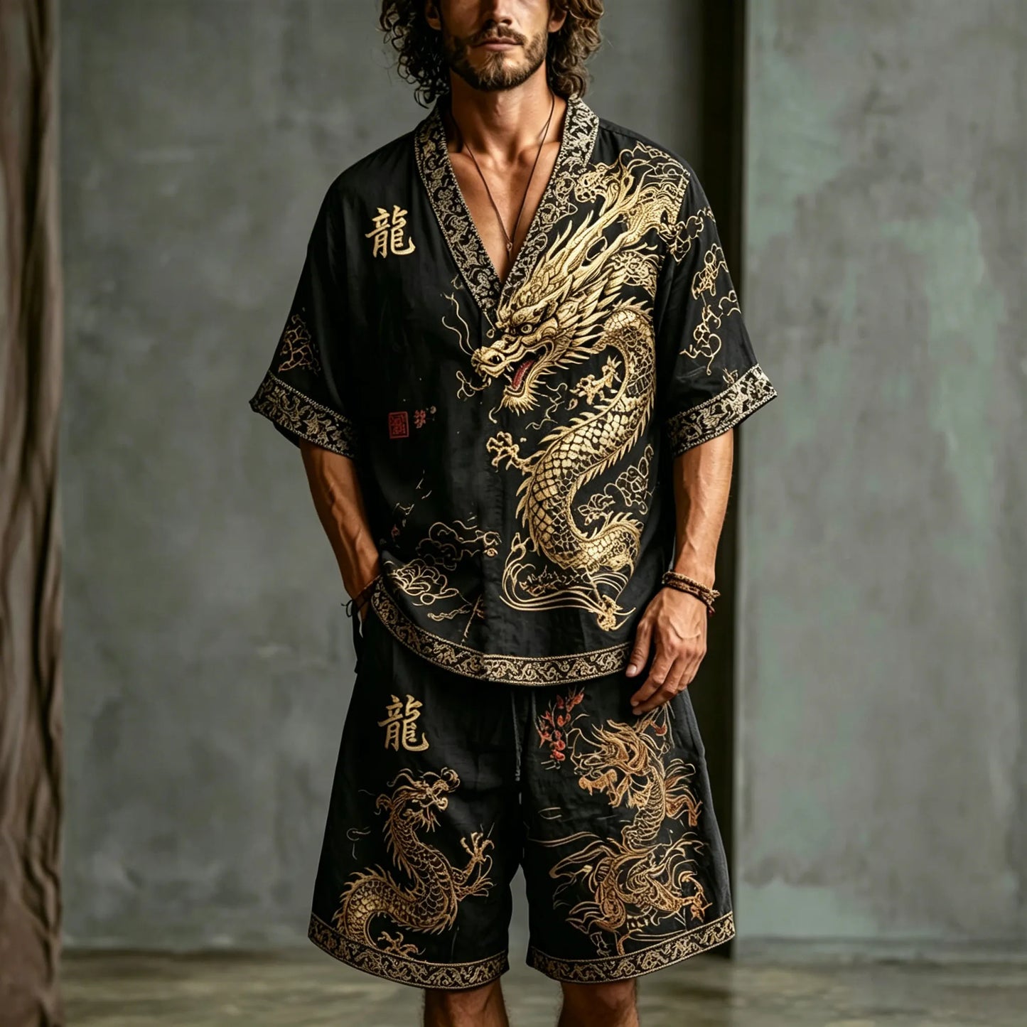 Men's Dragon Letter Cotton Linen V-neck Short-sleeve Shorts Two-piece Set