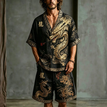 Men's Dragon Letter Cotton Linen V-neck Short-sleeve Shorts Two-piece Set