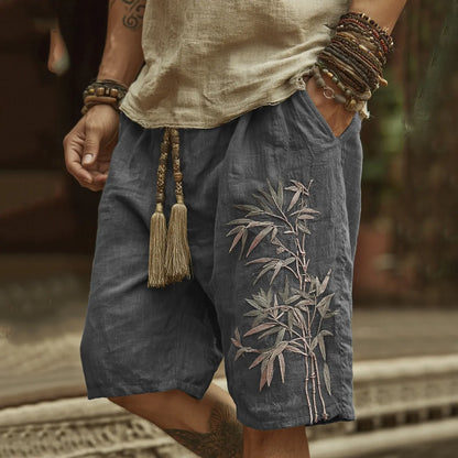 Japanese Bamboo Embroidery Art Linen Blend Casual Shorts