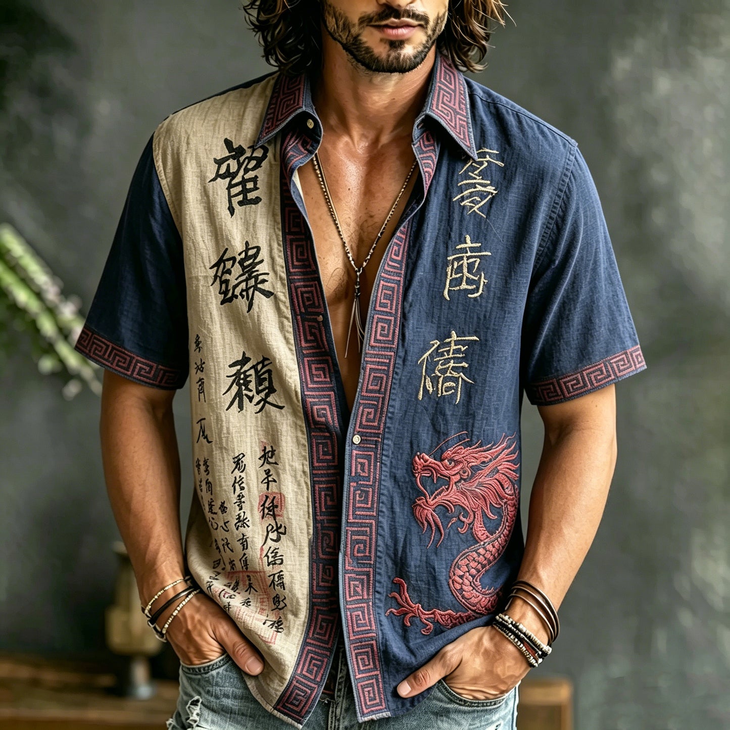 Men's Retro Japanese Calligraphy And Dragon Art Pattern Casual Linen Blend Shirt