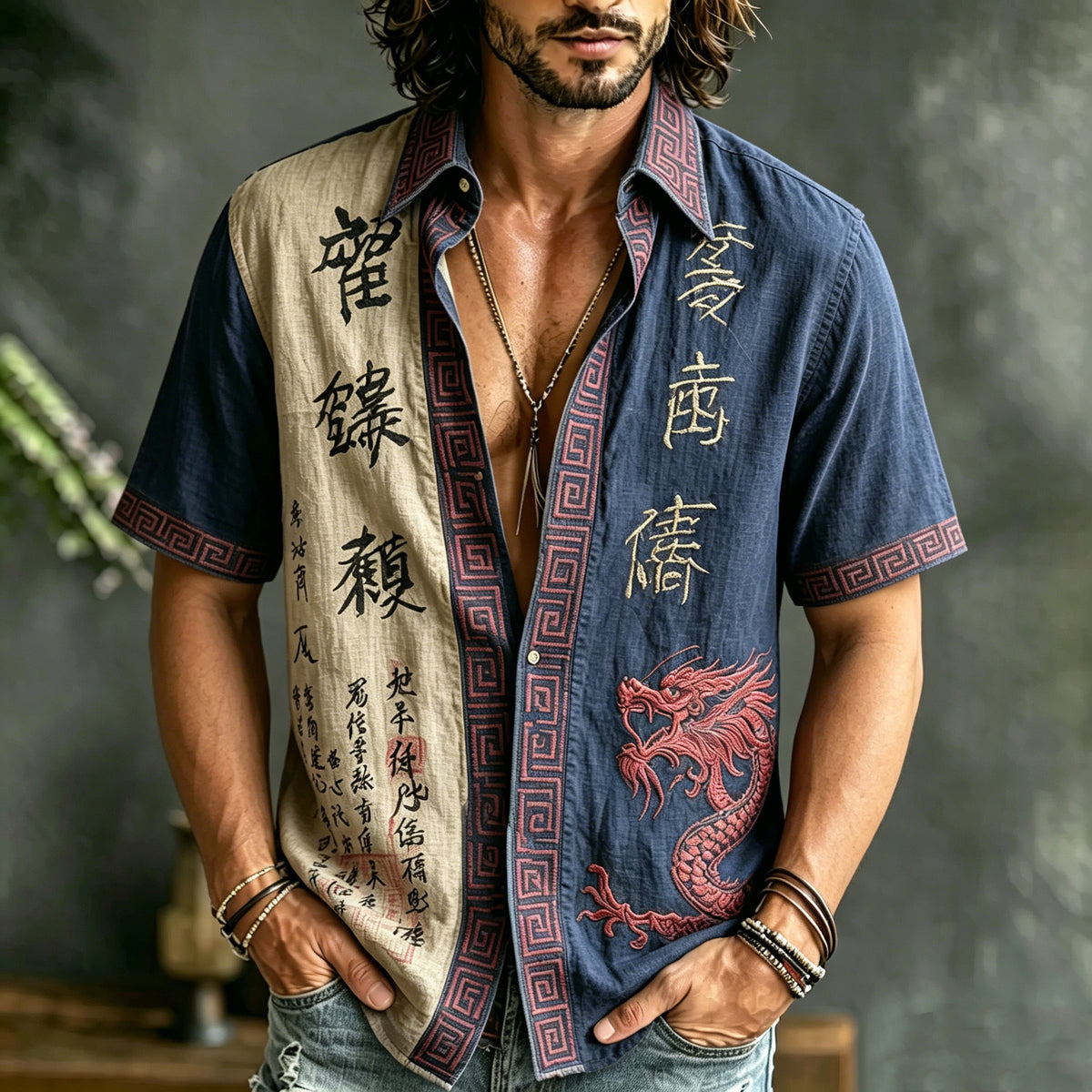 Men's Retro Japanese Calligraphy And Dragon Art Pattern Casual Linen Blend Shirt