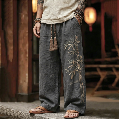Men's Vintage Japanese Bamboo Embroidery Art Linen Blend Pants
