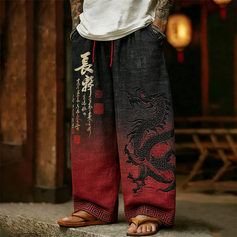 Men's Japanese Dragon Calligraphy Art Gradient Linen Pants