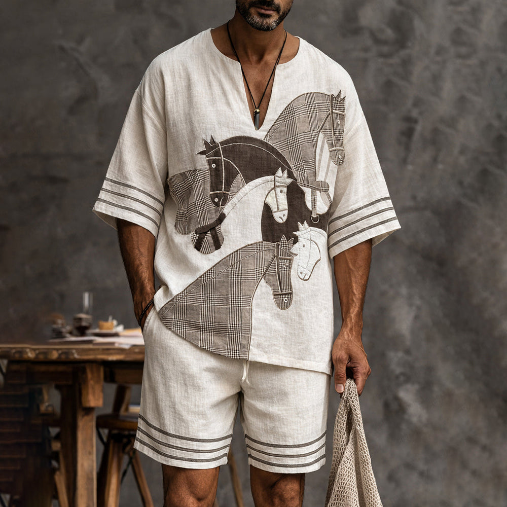 Men's Short-sleeved Shirt And Shorts Horse Design Suit