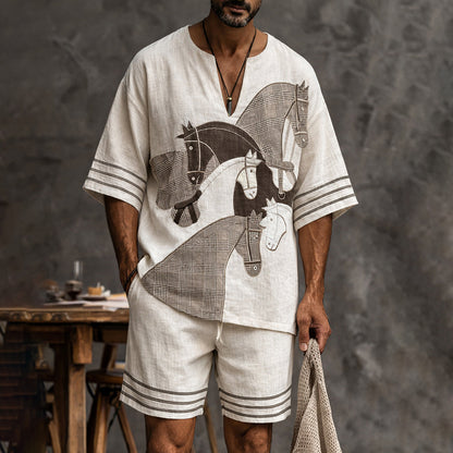 Men's Short-sleeved Shirt And Shorts Horse Design Suit