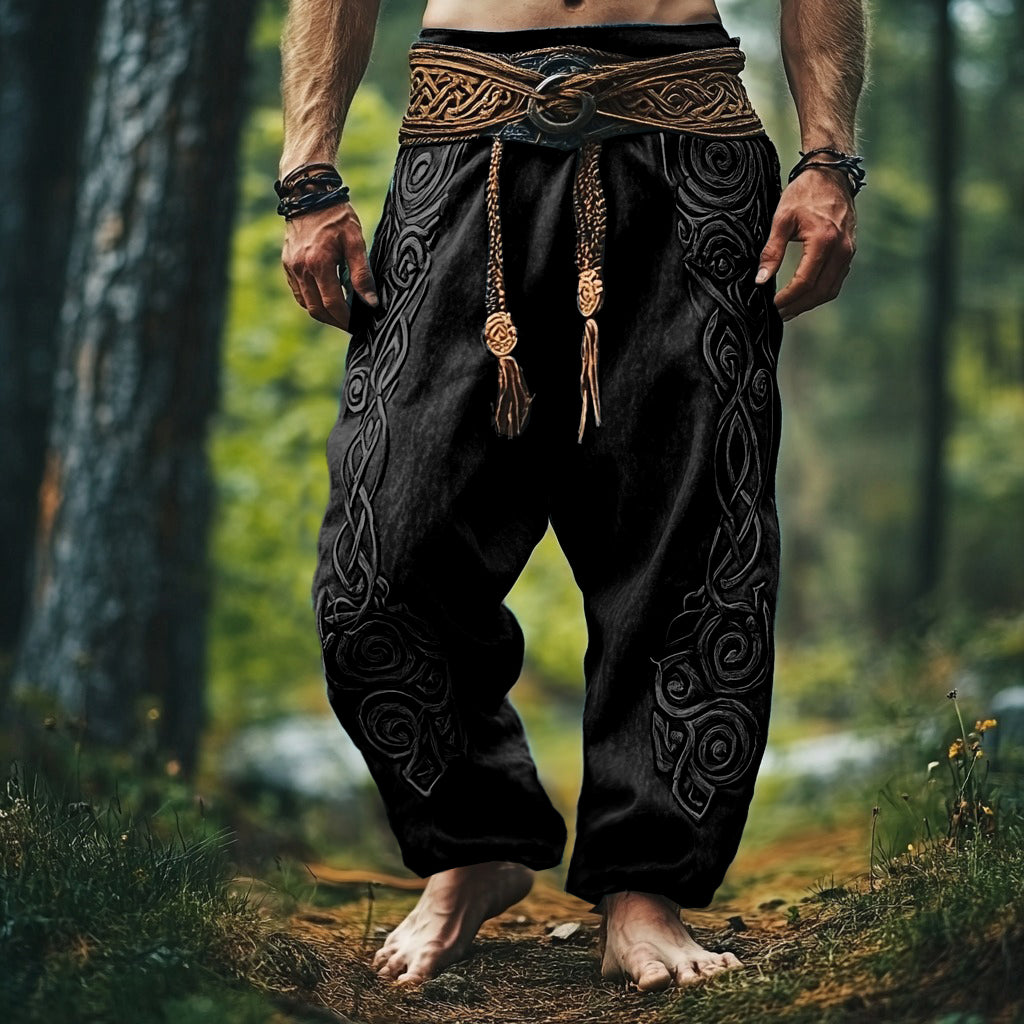 Tribal Viking Celtic Embroidery Art Linen Long Loose Wide-leg Pants