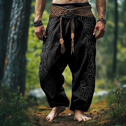 Tribal Viking Celtic Embroidery Art Linen Long Loose Wide-leg Pants