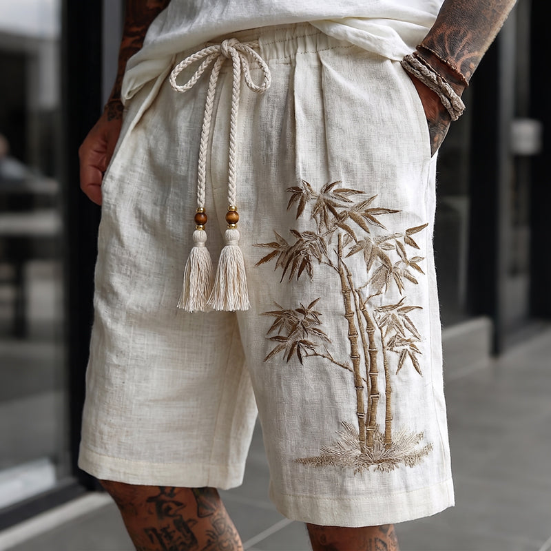 Men's Vintage Japanese Bamboo Embroidery Art Linen Blend Casual Shorts