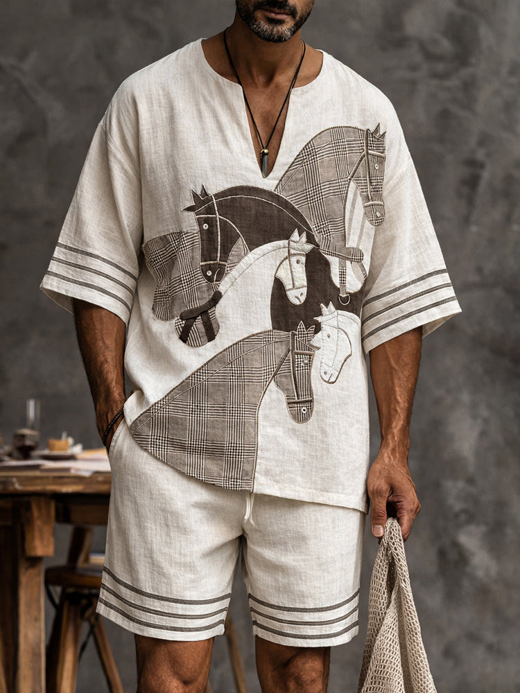 Men's Short-sleeved Shirt And Shorts Horse Design Suit