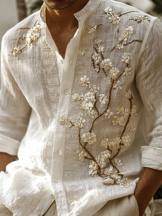 Men's Japanese Artistic Cherry Blossom Linen-blend Shirt