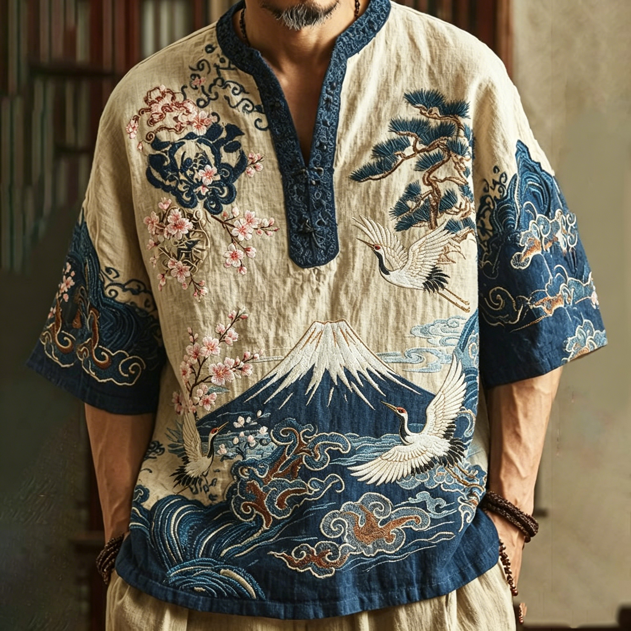 Men's Retro Japanese Crane Floral Wave Design Short-sleeve Top