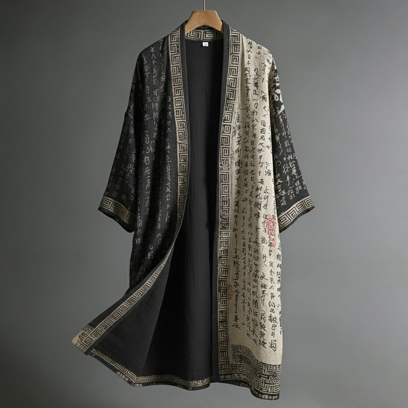 Men's Japanese Calligraphy And Painting Pattern Casual Linen Kimono