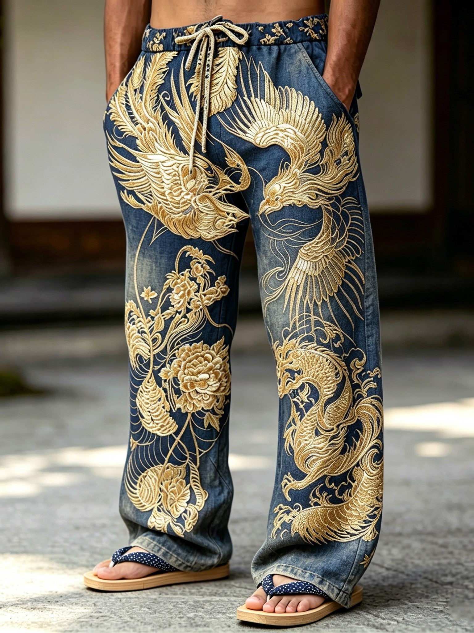 Men's Japanese-style Floral, Dragon And Bird Print Casual Trousers