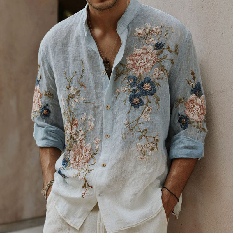 Men's Retro Floral Art Pattern Linen Blend Casual Shirt