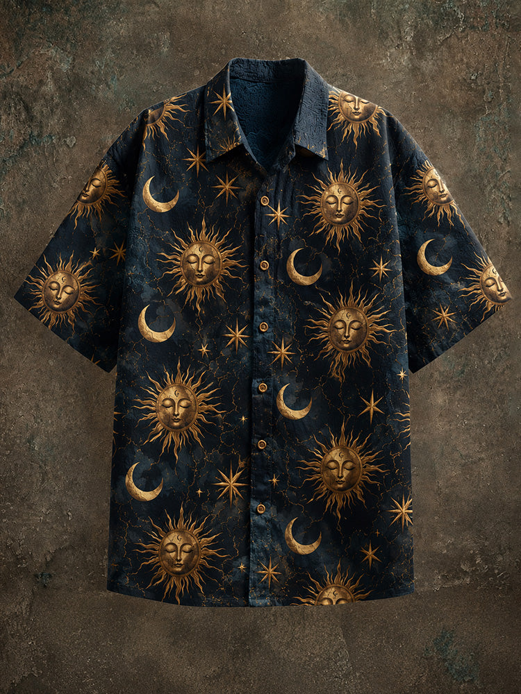 Men's Retro Sun And Moon Print Cotton Linen Top