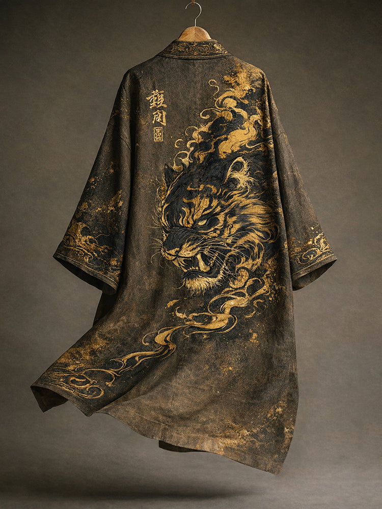 Japanese Style Retro Calligraphy Tiger Art Pattern Casual Linen Blend Kimono