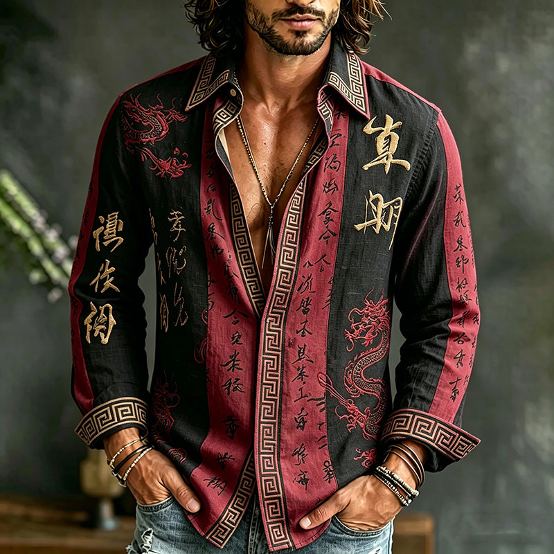 Men's Retro Japanese Calligraphy And Dragon Art Color Block Pattern Casual Linen Blend Shirt