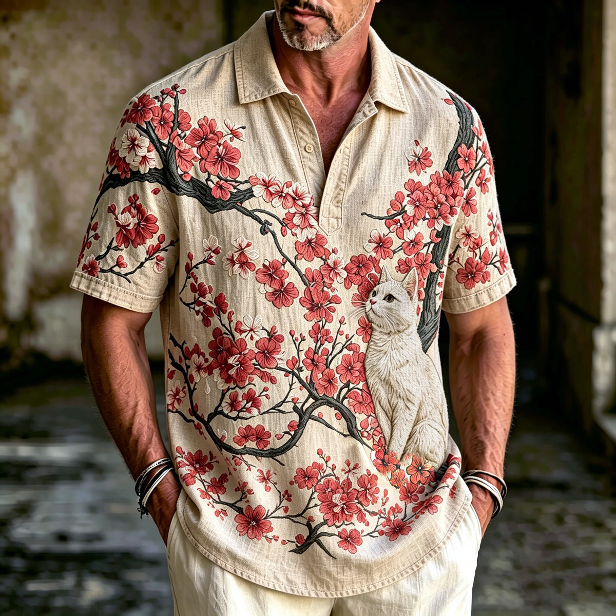 Men's Japanese-style Cherry Blossom And Cat Print Cotton And Linen Comfortable Polo Shirt