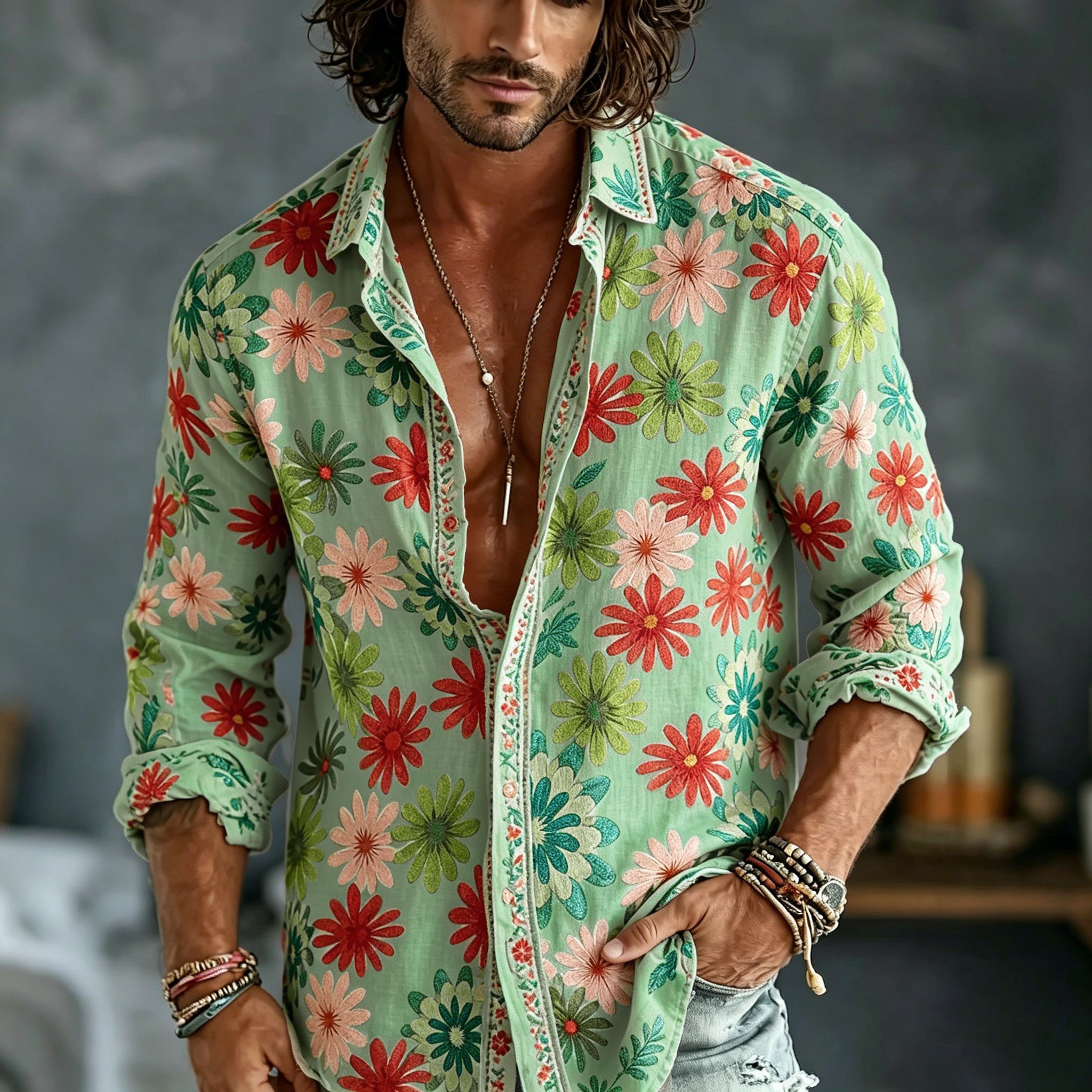 Men's Spring Summer Colorful Floral Embroidered Art Print Flowy Linen Blend Shirt