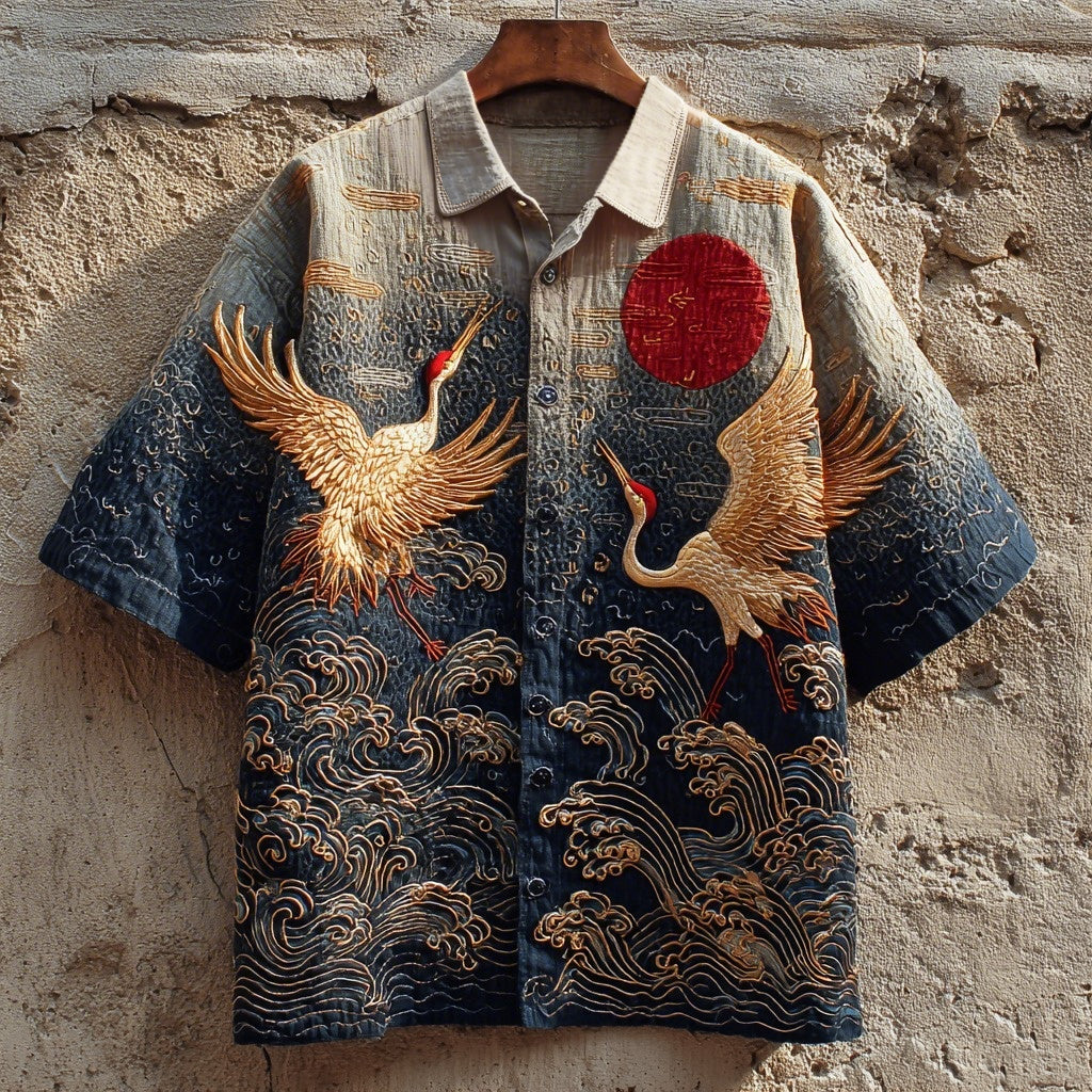 Men's Japanese Waves & Cranes Embroidered Vintage Linen Shirt