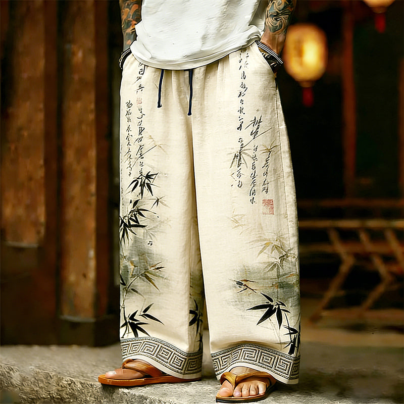 Men's Vintage Bamboo With Calligraphy Pattern Comfy Linen Pants