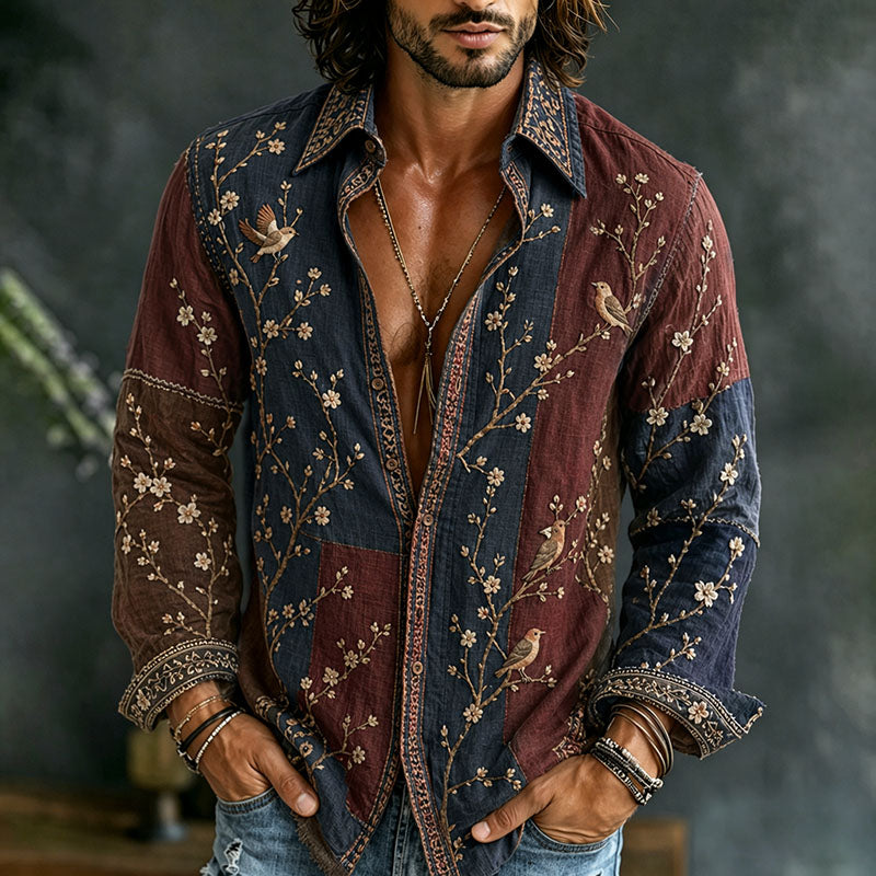 Men's Retro Flowers And Birds Patchwork Art Casual Linen Shirt