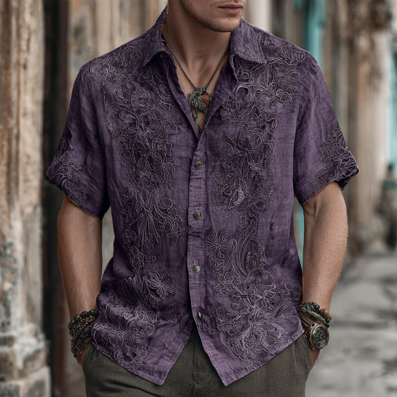 Men's Floral Lace Embroidered Vintage Linen Shirt