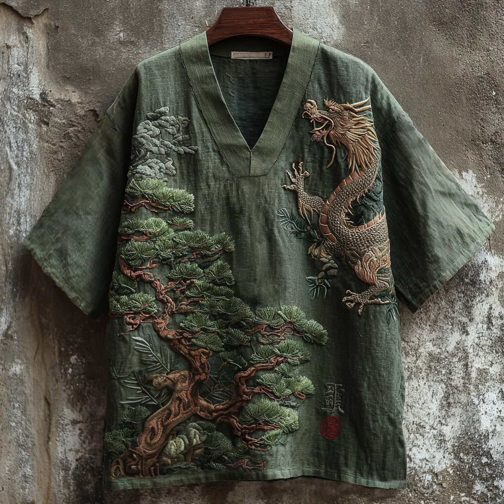 Vintage Dragon And Pine Tree Embroidery Art Linen Shirt